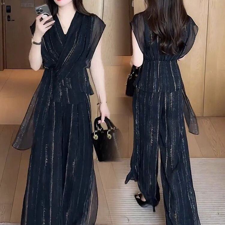 时尚洋气套装女2026夏季新款高级感时髦显瘦雪纺衫阔腿裤两件套潮
