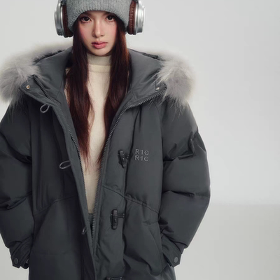 冰原熊貉子毛领灰色羽绒服