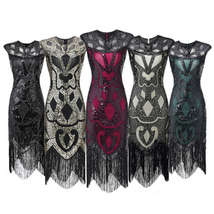 新品 流苏编织亮片连衣裙1920S复古欧美电影礼服裙 亚马逊品质爆款