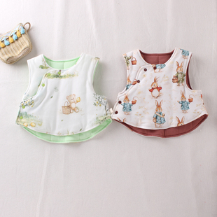 儿童新中式卡通兔子纯棉布夹丝绵棉马甲国风马甲春季儿童保暖背心