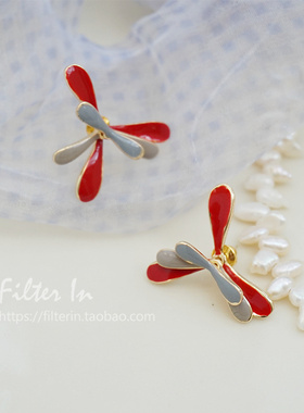 (半价清仓）有滤镜 多种佩戴！童年的纸蜻蜓 红灰配色 s925银耳钉