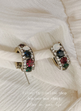 (半价清仓）有滤镜 中古感 vintage古着风 圈圈红绿白钻 复古耳钉