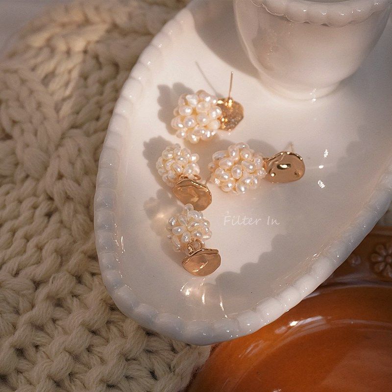 有滤镜 天然珍珠子 奶油米珍珠小球球吊坠 法式百搭耳钉/耳夹