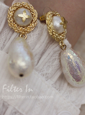 (半价清仓）复古宫廷风 炫彩糖纸光泽 水滴珍珠吊坠 法式少女耳钉