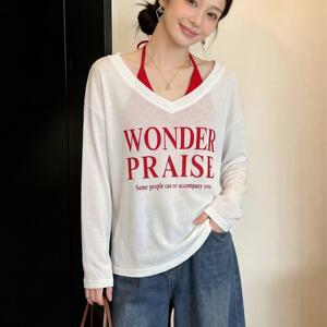 美式字母印花防晒T恤吊带背心两件套女夏季薄款宽松显瘦百搭上衣