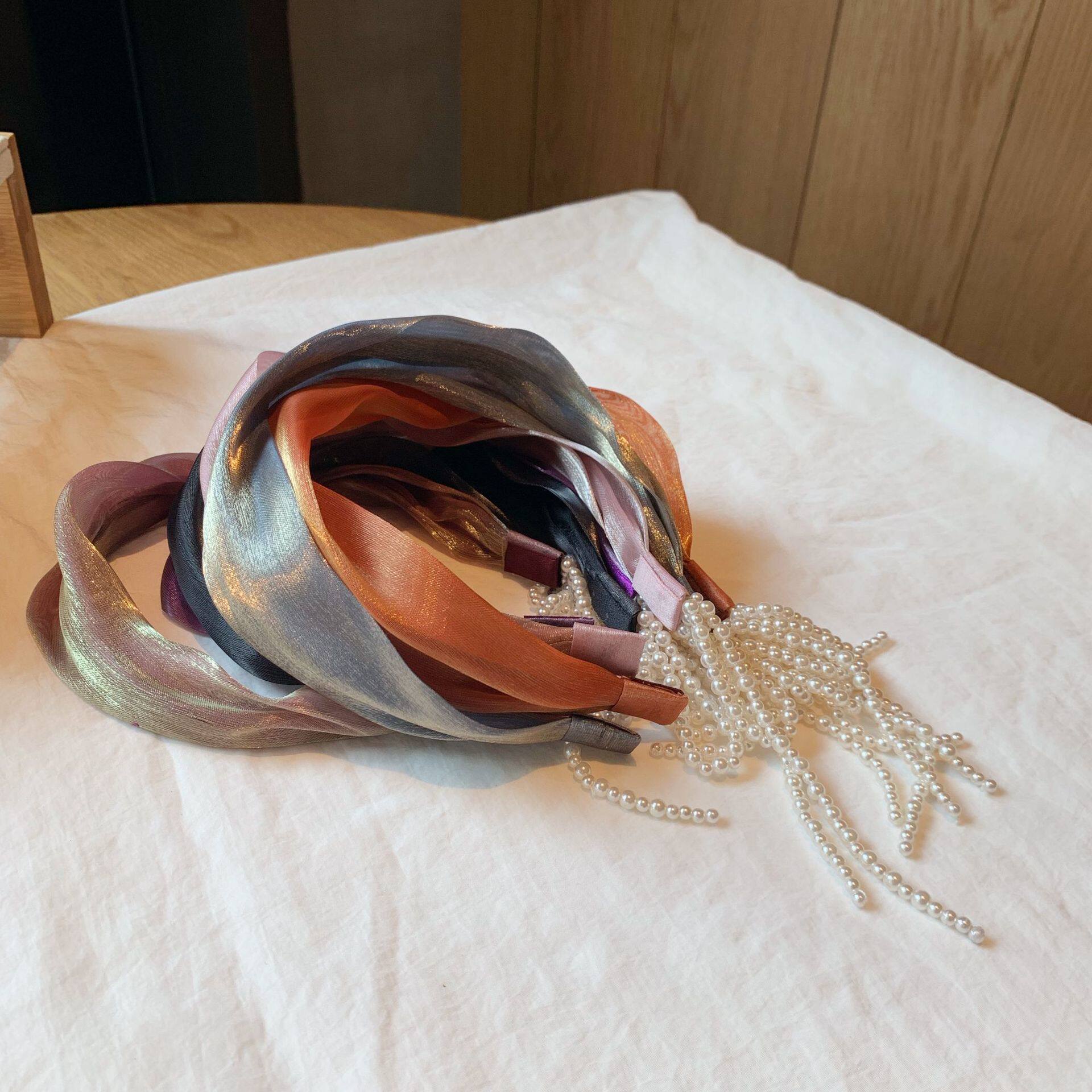 韩国纱假耳环珍珠发箍流苏飘带头箍女外出布艺压发发卡发饰头饰品