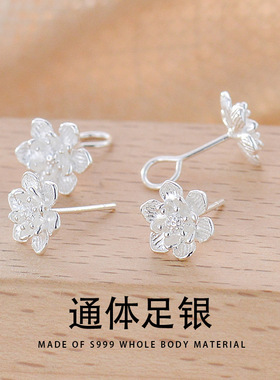 s999银耳钉女莲花简约耳勾优雅时尚睡觉不用摘跨境耳饰