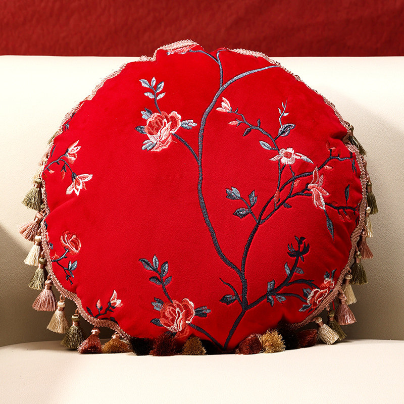 新中式圆形流苏抱枕现代客厅沙发靠垫蔷薇绣花腰枕床头大靠背软包