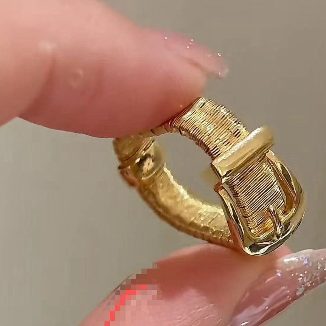 S925纯银中古意大利进口绕丝皮带扣戒指高级设计感珠宝锻面马蹄扣