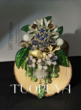 时尚复古重工编织花朵胸针清新优雅琉璃吊坠绿色树叶别针胸花首饰