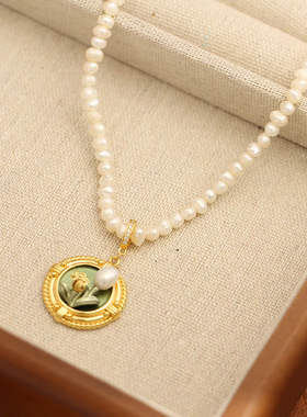时尚中古风优雅天然淡水珍珠项链滴油油画框吊坠可拆颈链锁骨饰品