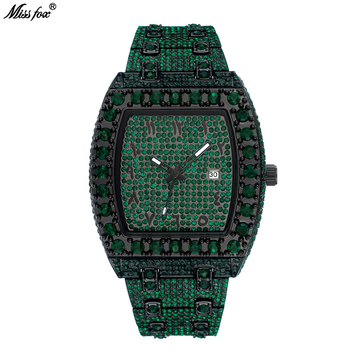 MISSFOX 欧美时尚朋克嘻哈满钻男士手表绿色钻石防水日历石英表潮