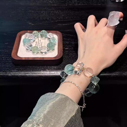 招财转运白水晶手链绿萤石单圈男女款手串送闺蜜女友礼物显白手链