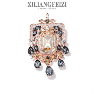 西凉妃子欧美时尚外贸法式复古水晶宫廷胸针个性流苏盾牌服饰胸花