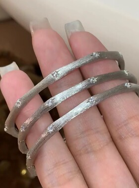 纯银S925中古风拉丝工艺缎带星芒拉丝手镯手链细女款素圈镶钻镯子
