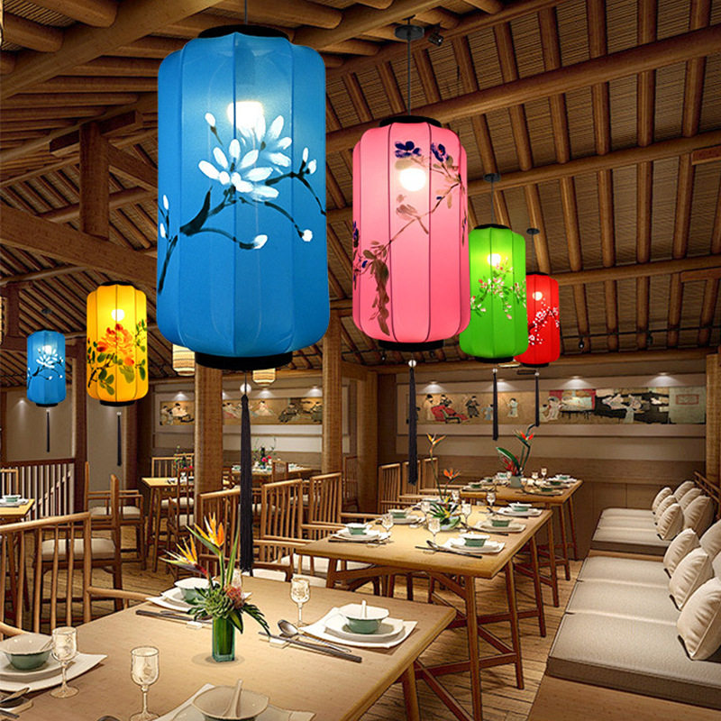 中式布艺异形灯笼彩色手绘中国风景区饭店装饰冬瓜吊灯灯彩手绘