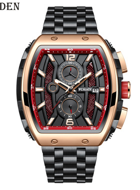 PLADEN品牌手表 霸气酒桶型多功能夜光弧形镜面运动钢带男士手表