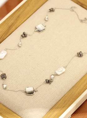 时尚设计师新款黑色电镀金属风项链巴洛克长款细链天然贝母毛衣链