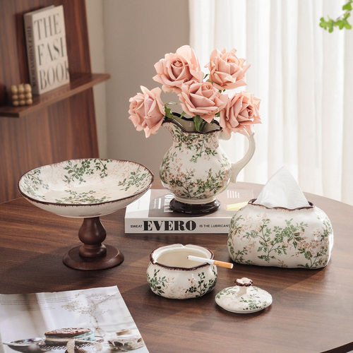 复古繁花组合花瓶纸巾盒烟灰缸家用摆件客厅装饰器皿高级感新中式