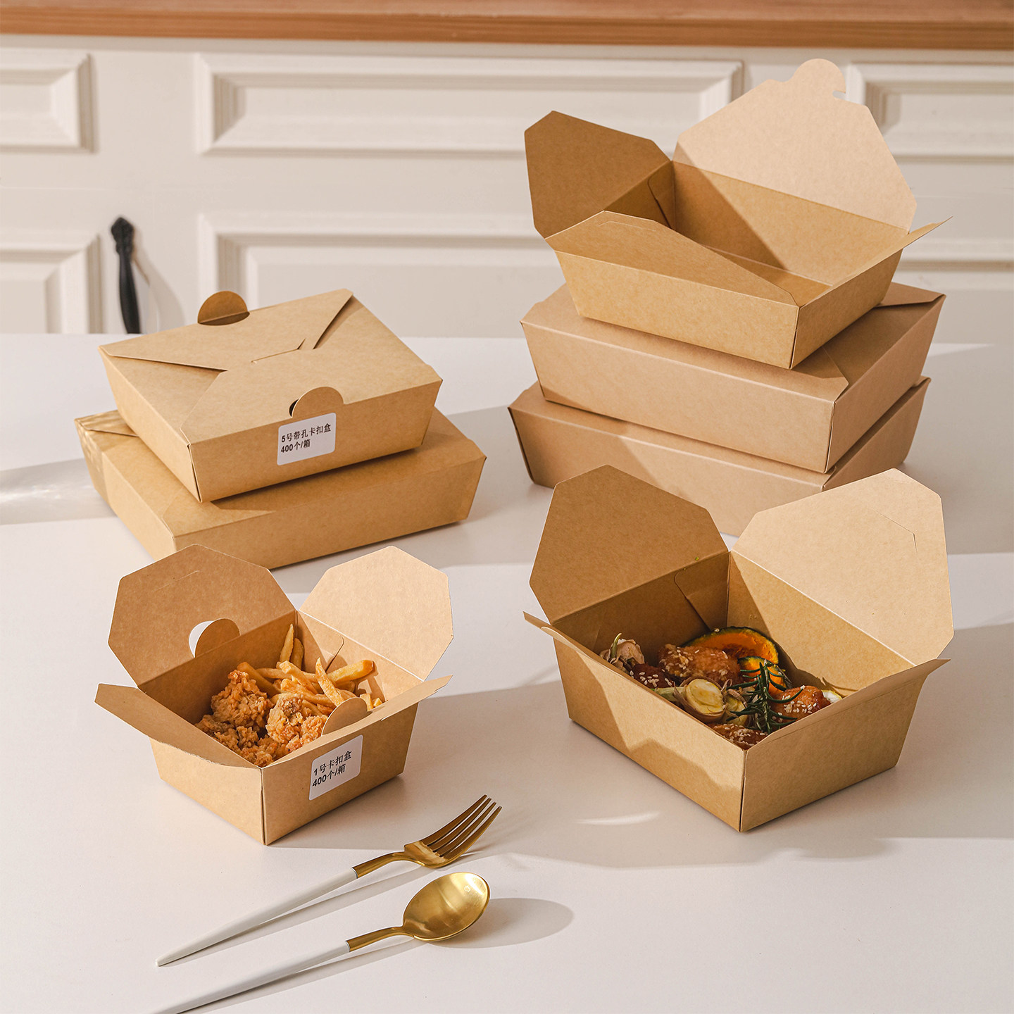 牛皮纸带盖卡扣食品级外卖餐盒图片