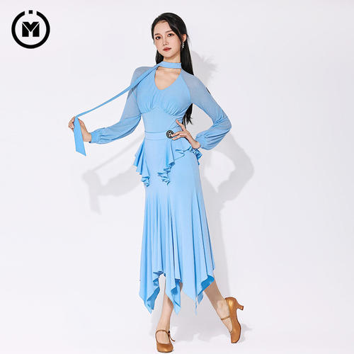 摩登舞服绑结领带插肩灯笼袖套装