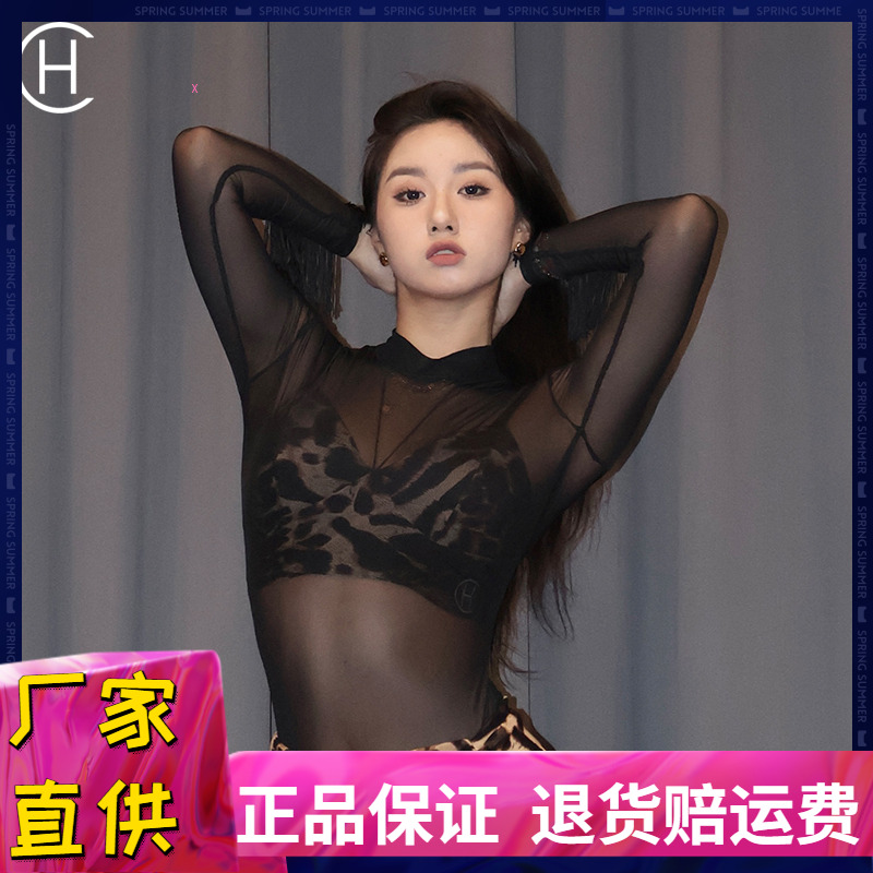 拉丁舞透视网纱长袖上衣练功服