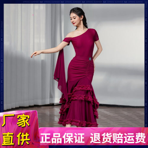 摩登舞裙斜肩仙女款上衣大摆花边