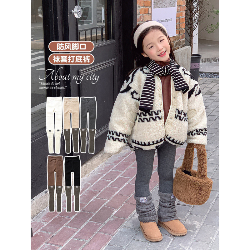 女童保暖打底裤秋冬外穿袜套连裤袜儿童加绒加厚假拼接撞色堆堆袜