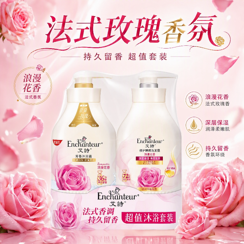 艾诗浪漫芬香滋养洗发水沐浴露套装玫瑰精华保湿滋润全身持久留香
