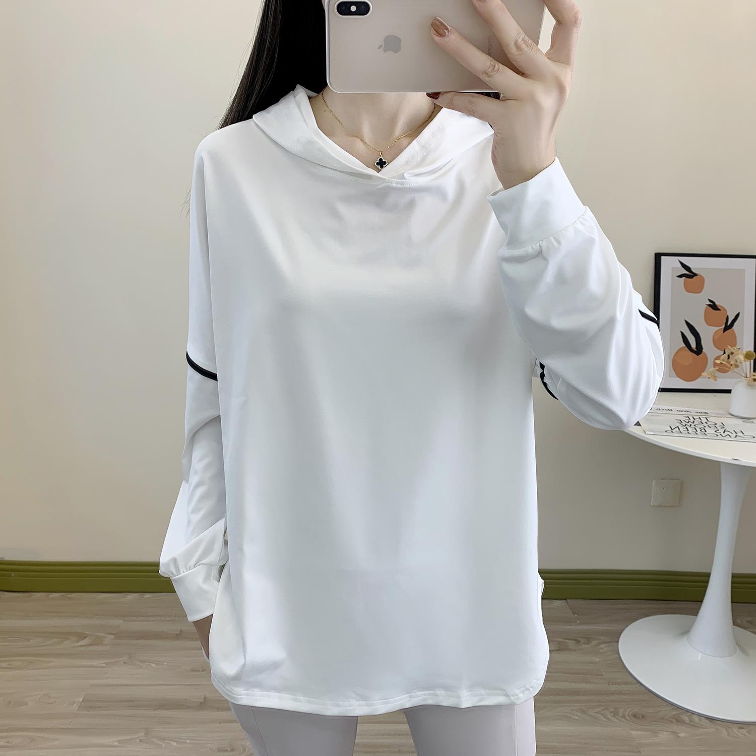 大码连帽长袖速干T恤女春夏弹力透气运动户外跑步训练健身服上衣