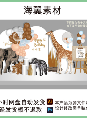 白色非洲老虎大象长颈鹿斑马动物主题宝宝宴生日派对背景设计素材