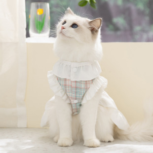 田园格子牵引裙春夏薄款 猫衣服猫裙子狗狗衣服 两脚无袖