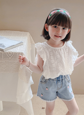 童装2026新款儿童洋气白色无袖衣服宝宝薄款夏装女童时髦飞袖上衣