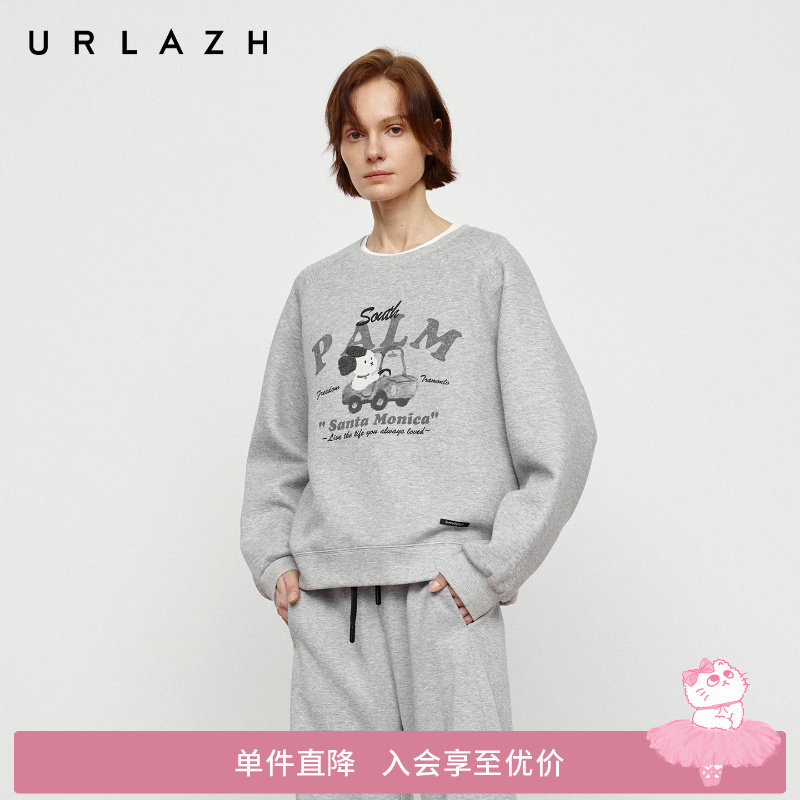 URLAZH有兰秋季新款复古灰色漫画狗狗印花圆领插肩袖休闲宽松卫衣