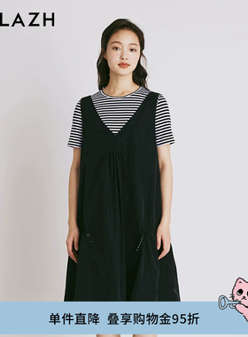 URLAZH有兰夏季新款复古黑色休闲宽松两件套短袖条纹气质连衣裙女