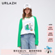 URLAZH有兰新款 T恤女 复古白绿拼色趣味印花休闲圆领宽松拼色长袖