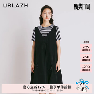 条纹气质连衣裙女 复古黑色休闲宽松两件套短袖 URLAZH有兰夏季 新款