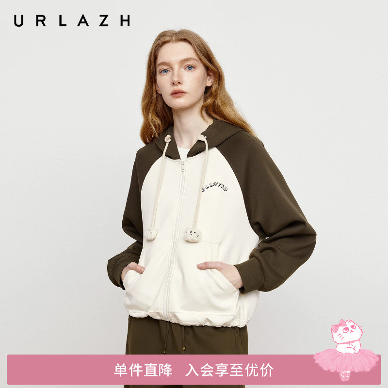 URLAZH有兰秋季新款复古插肩袖萌趣猫咪帽绳巧克力拼色连帽外套女