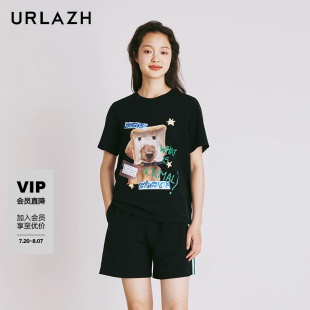 T恤女 URLAZH有兰夏季 新款 简约百搭黑色印花休闲宽松圆领时尚 短袖