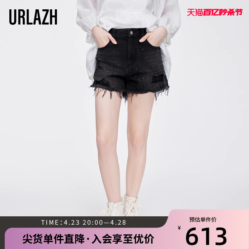 URLAZH/有兰黑色纯棉牛仔短裤