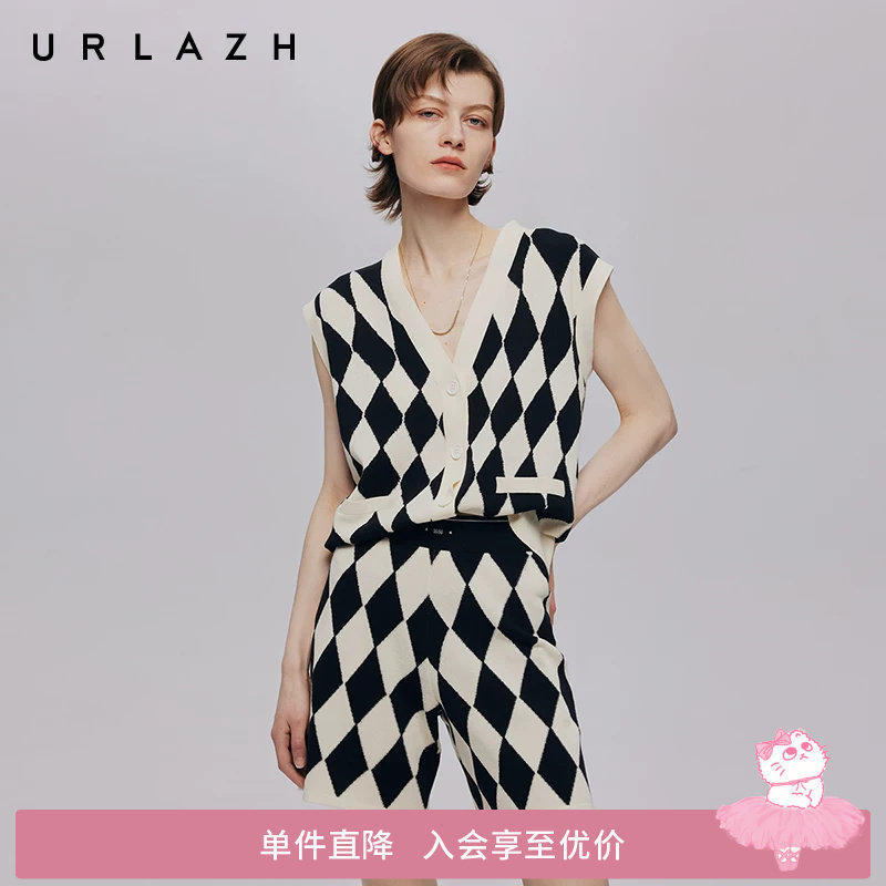 URLAZH有兰秋季新款复古菱形撞色黑白格纹无袖毛衣开衫针织马甲女