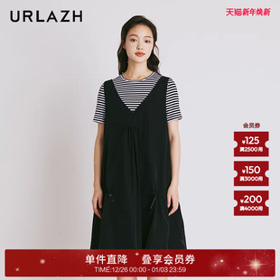 条纹气质连衣裙女 复古黑色休闲宽松两件套短袖 URLAZH有兰夏季 新款