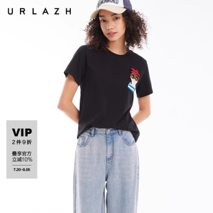 圆领手工钩花T恤上衣女 URLAZH有兰夏季 新款 经典 黑色休闲宽松短袖