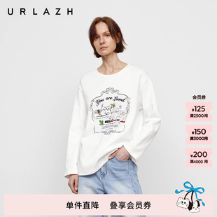 URLAZH有兰秋季 减龄元 气风U等等猫咪植绒印花圆领长袖 T恤上衣 新款