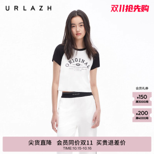 插肩袖 复古风圆领修身 短款 印花美式 T恤女 URLAZH有兰夏季 短袖 新款