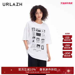 URLAZH有兰新款 T恤女LM3TE05 白色简约休闲印花宽松短袖