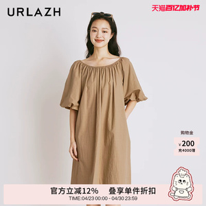 URLAZH有兰夏季新款纯棉气质复古一字肩温柔风蝴蝶结泡泡袖连衣裙