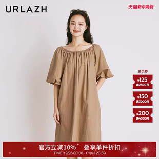 连衣裙 纯棉气质复古一字肩温柔风蝴蝶结泡泡袖 URLAZH有兰夏季 新款
