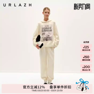 女 慵懒米白加绒字母绣花束脚运动宽松休闲卫裤 URLAZH有兰冬季 新款