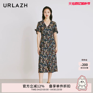 URLAZH有兰夏季新款复古黑色茶歇法式气质温柔碎花修身短袖连衣裙
